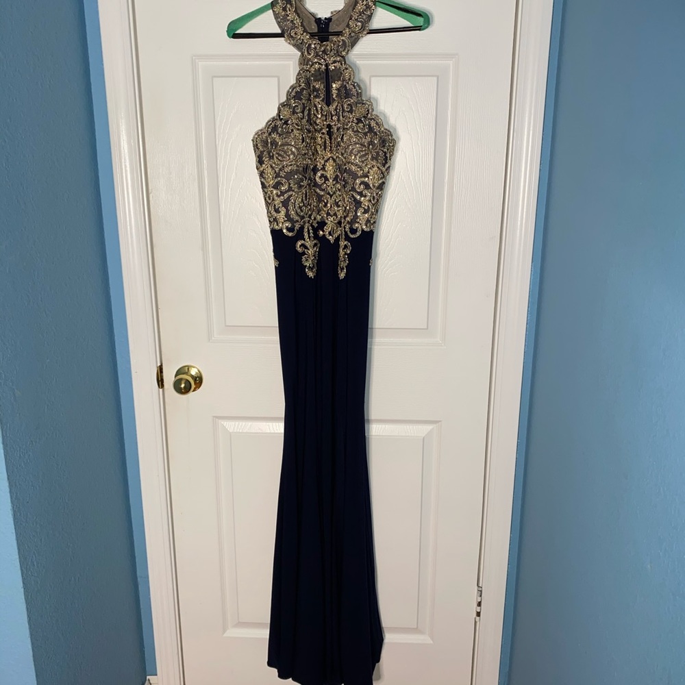 Blue and gold prom dress